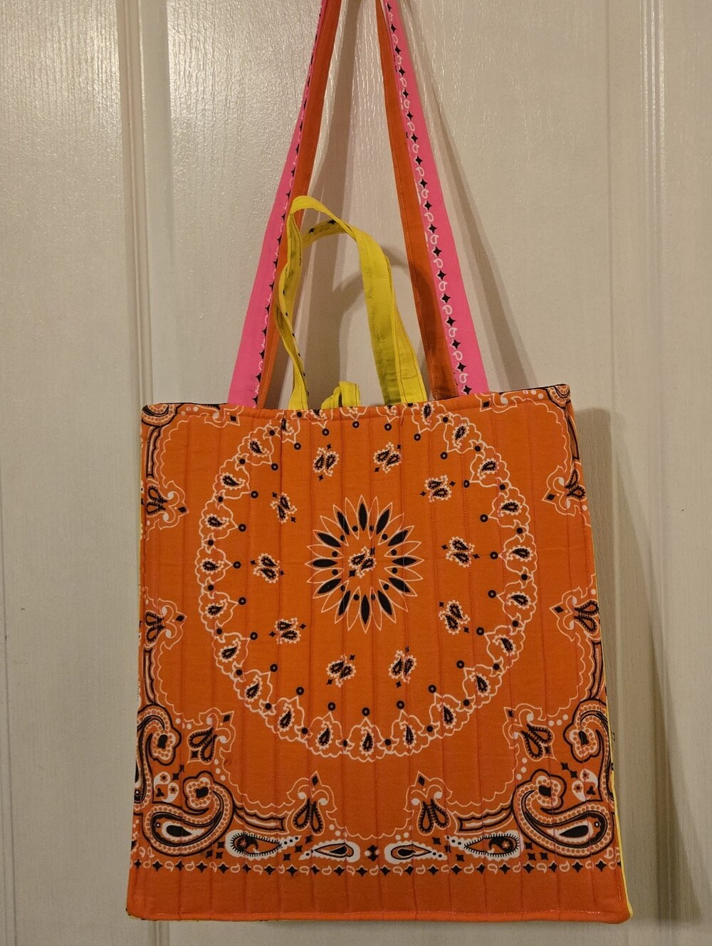 Orange Patterned Tote Bag with Pink Handles